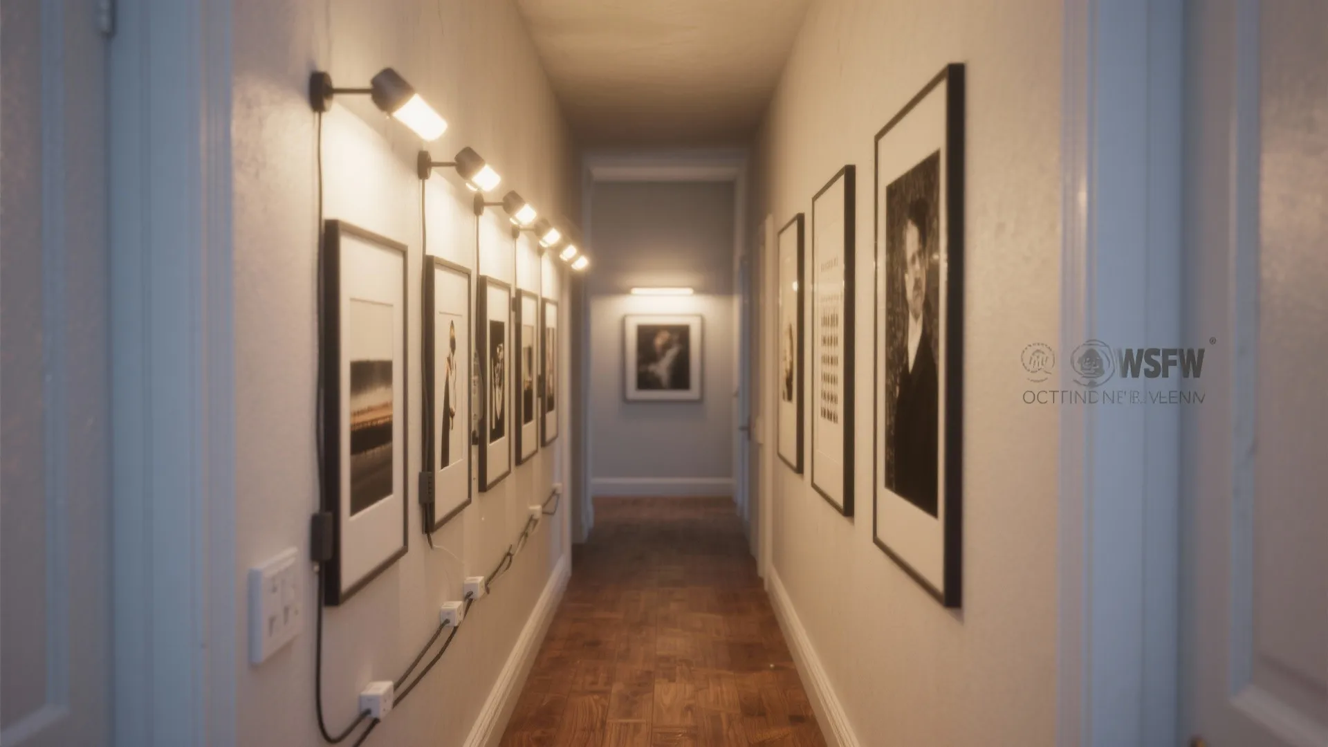 Long narrow hallway with framed art on white walls wooden floor and small wall lights