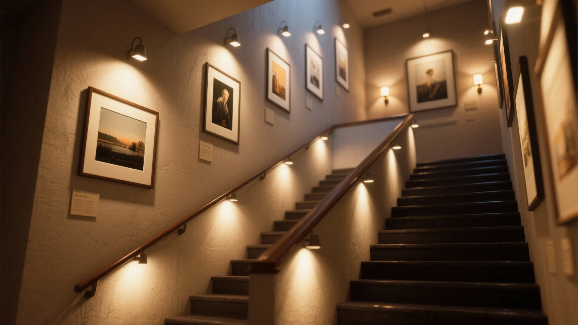Gallery-style stair wall with picture lights highlighting framed artwork and warm layered lighting