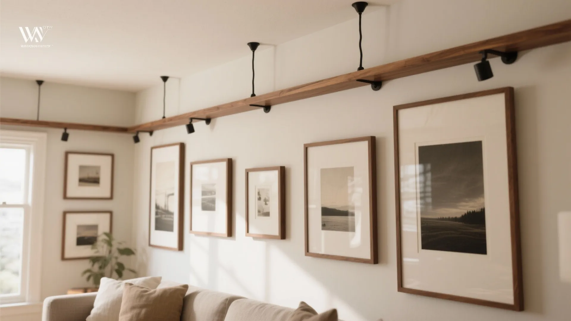 Living room wall with wooden picture rail holding framed art pieces under black spotlight fixtures