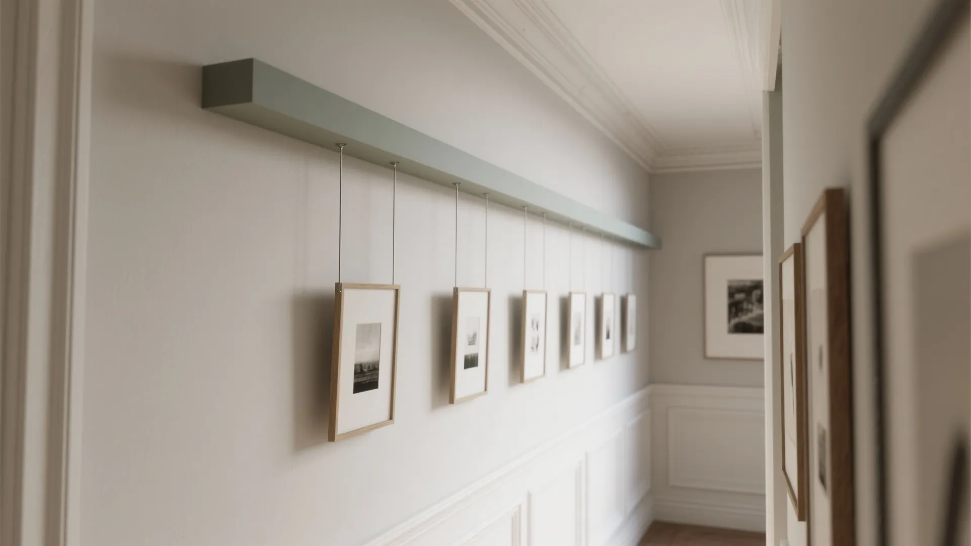 Gallery wall showing several framed art pieces hanging from a thin horizontal rail in a hallway