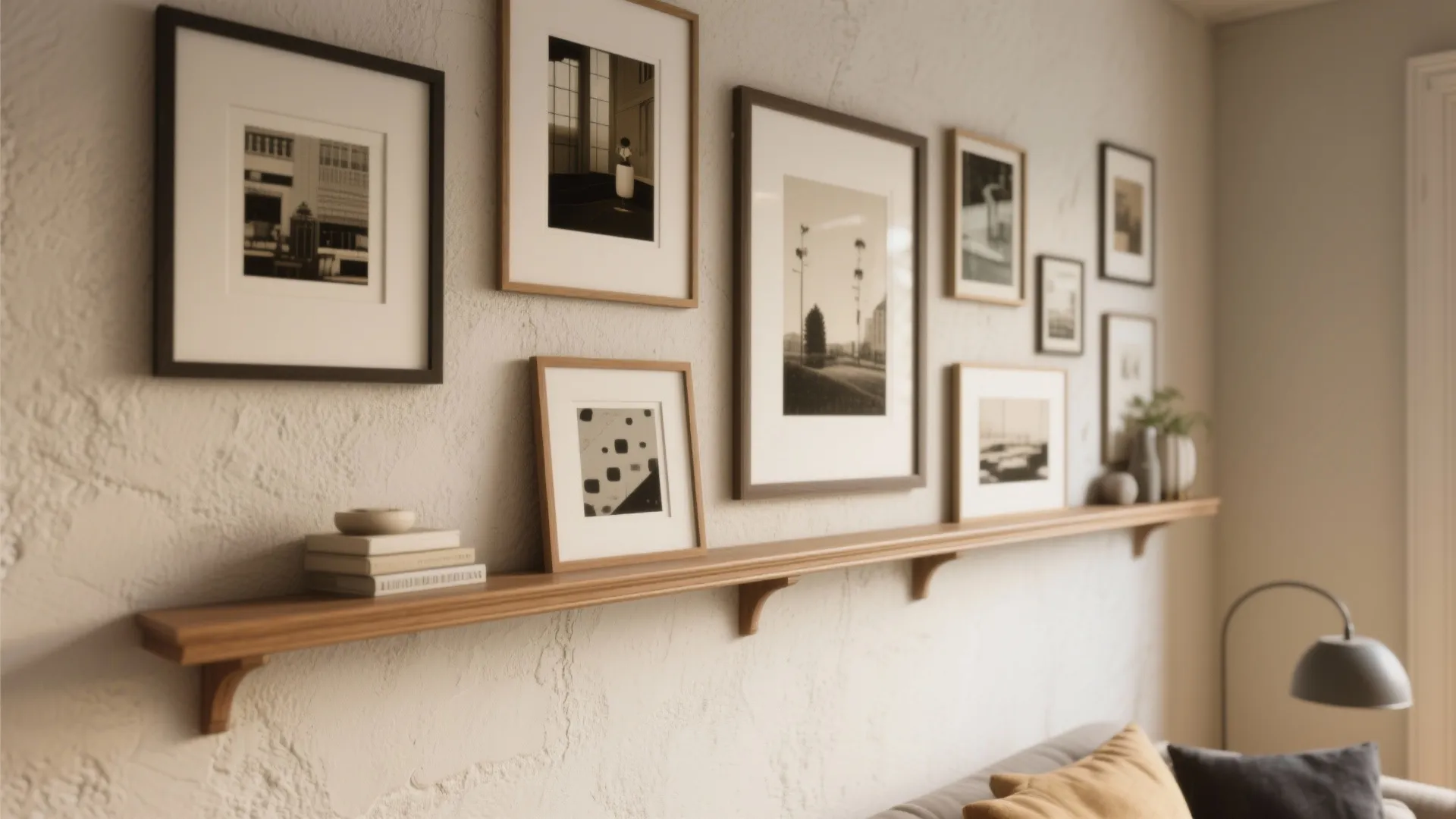 Wooden wall shelf holding picture frames and books above a sofa in a living room