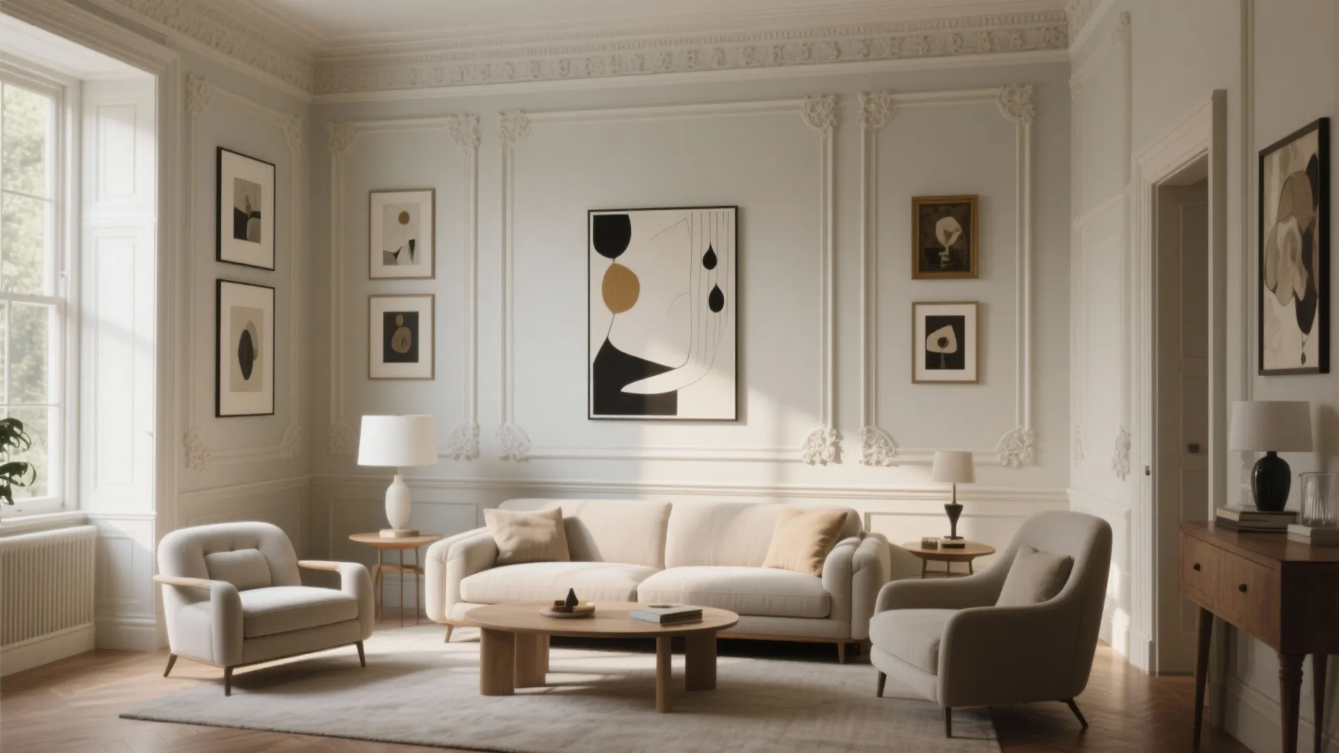 Heritage living room with picture rail displaying modern artwork