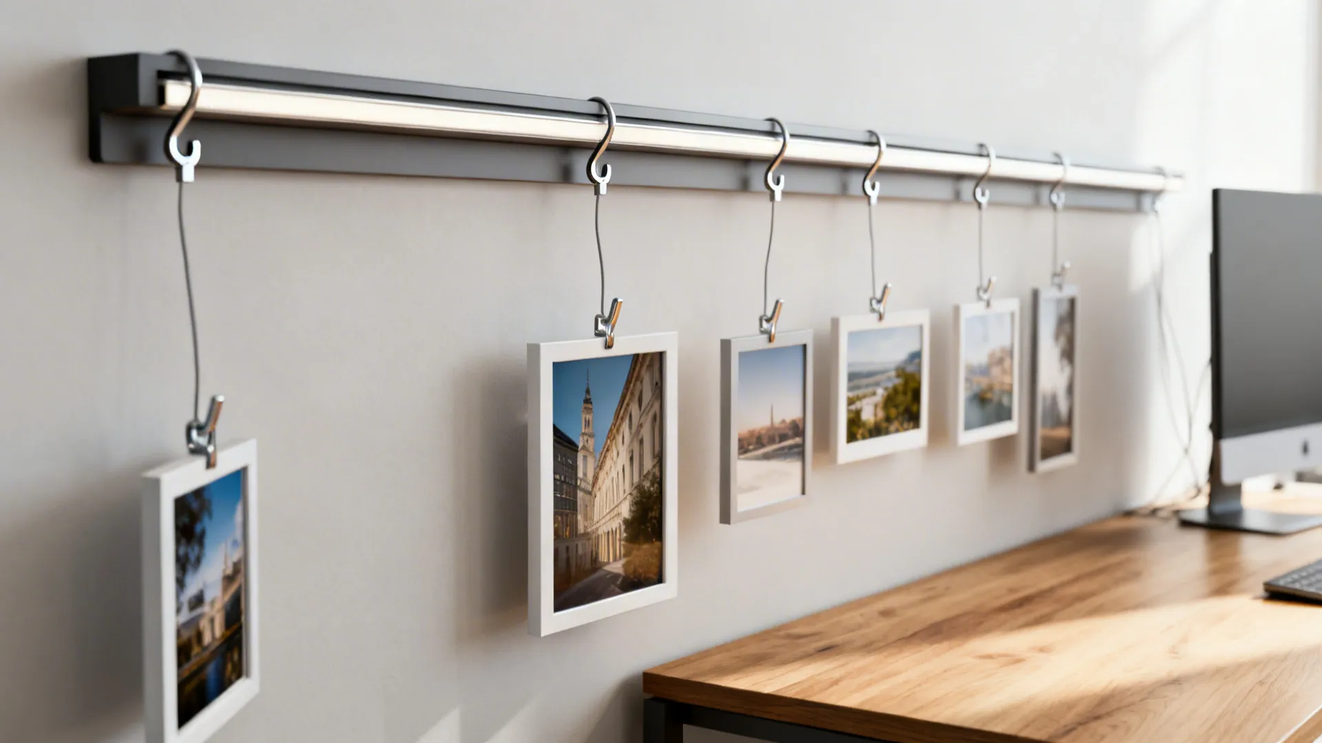 Slim picture rail with thin cables holding interchangeable prints in a modern home office.