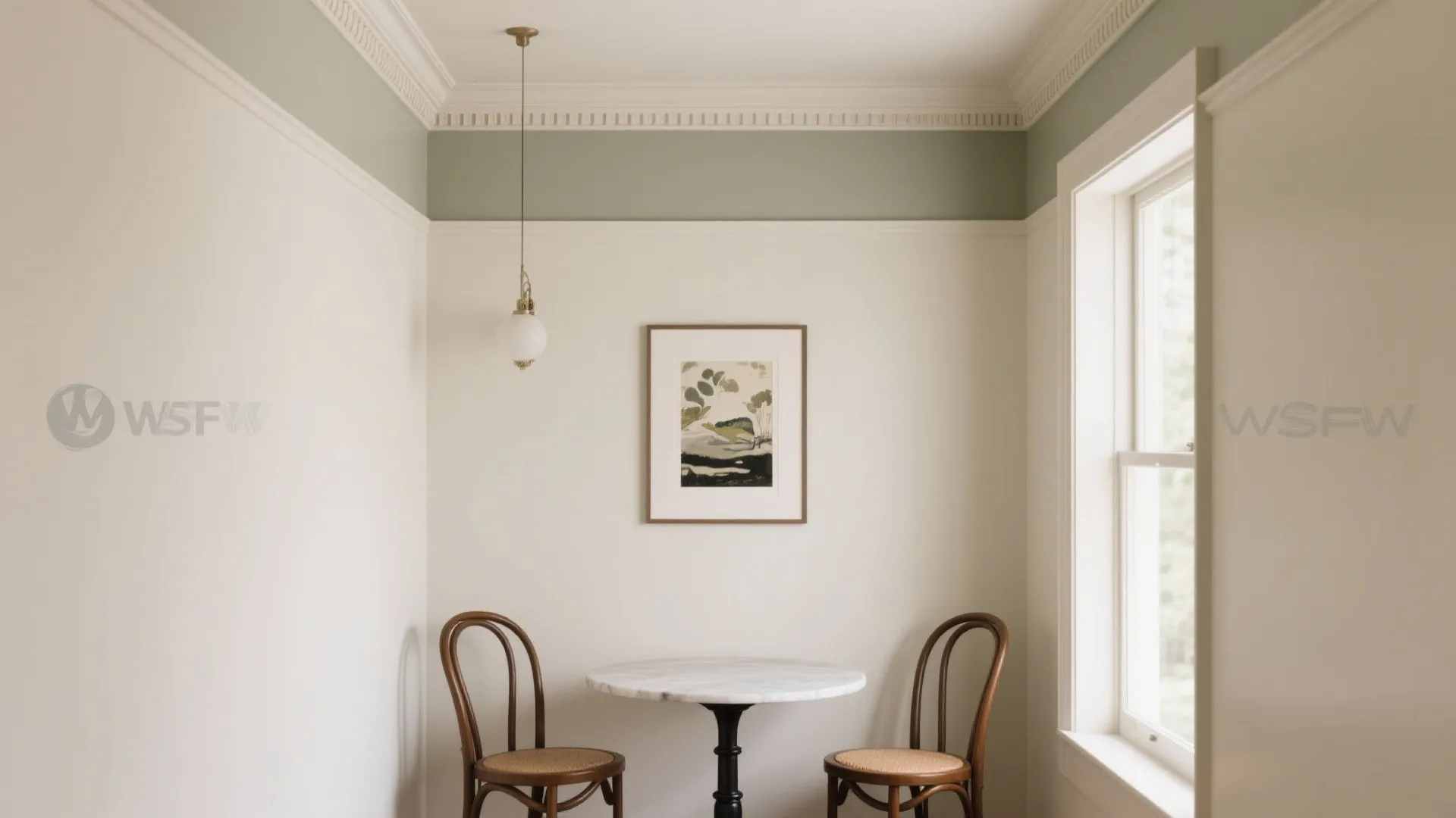 Dining nook with crown and dropped picture rail forming a light upper band.