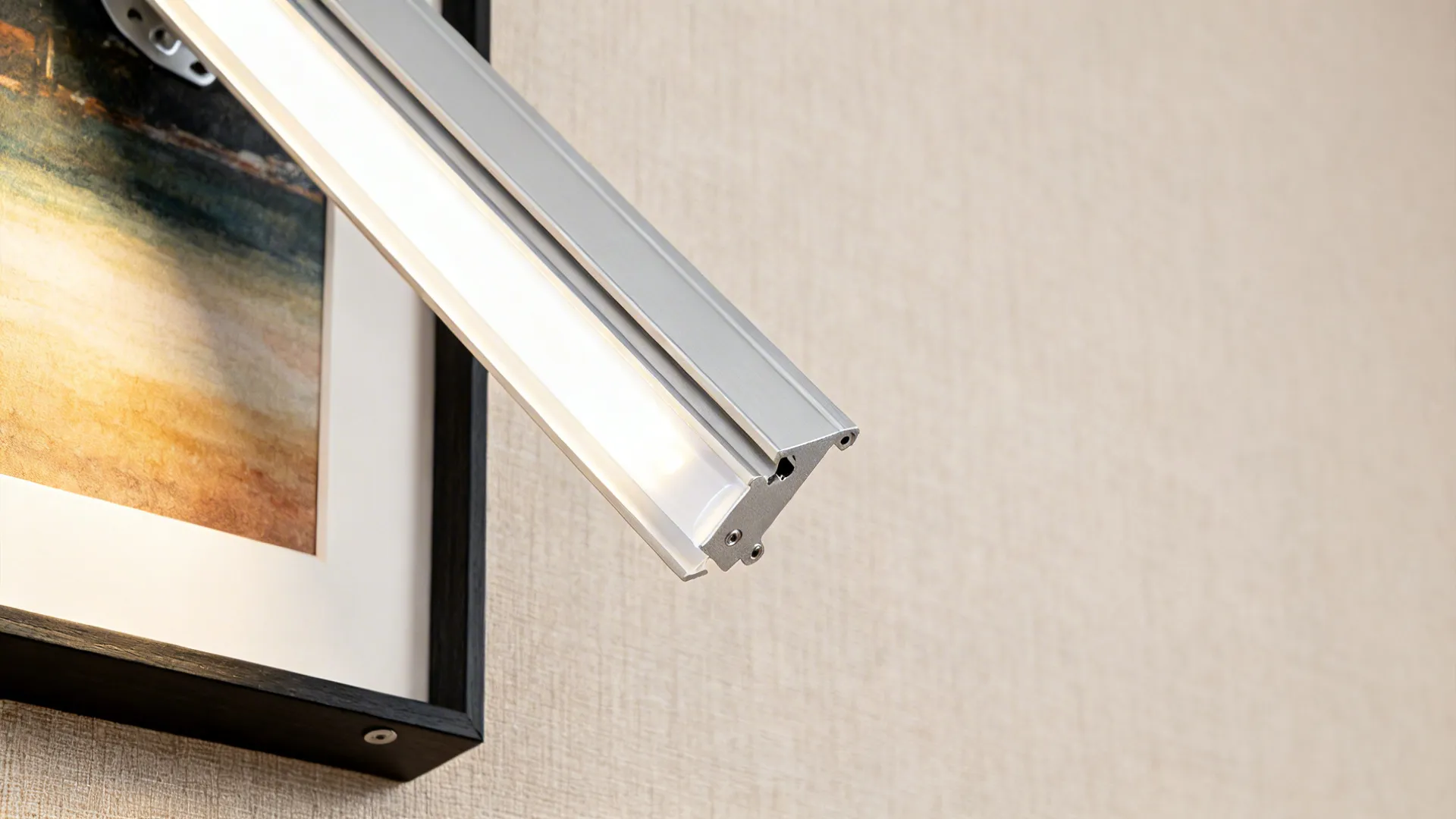 Macro of an angled LED picture rail with diffuser casting an even wash on artwork.
