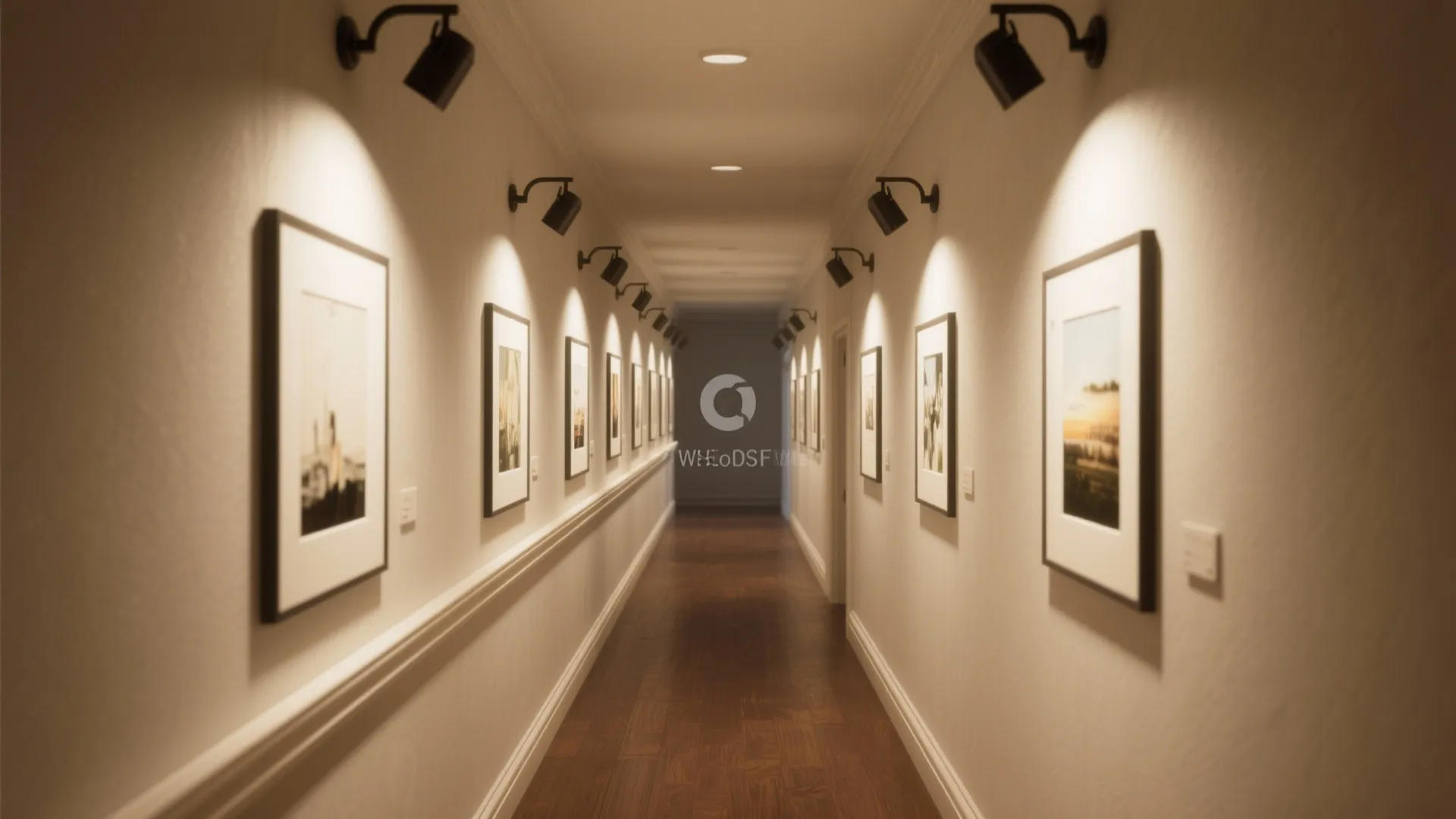 Long hallway with wood flooring, wall panels, framed pictures, and many black wall light fixtures