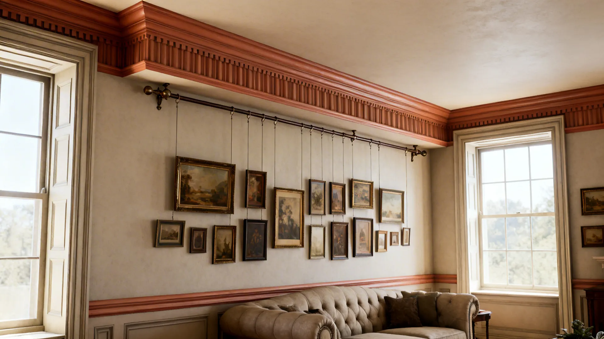 Living room with picture-rail crown molding used to hang rotating artwork along the wall.
