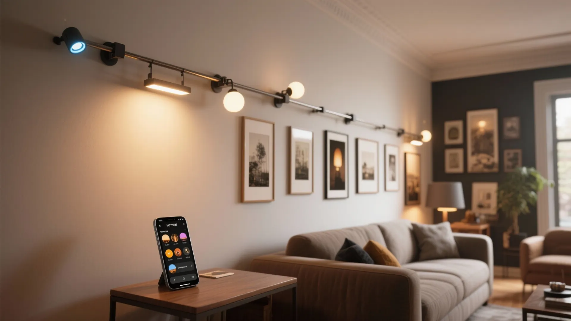 Smart lighting system on living room wall controlled by mobile phone app for modern home