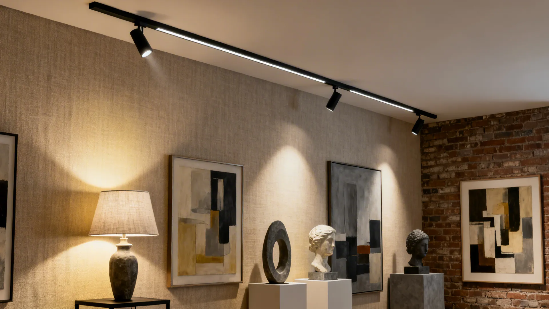 High CRI picture rail LED wash evenly lights artwork and reveals wall texture.