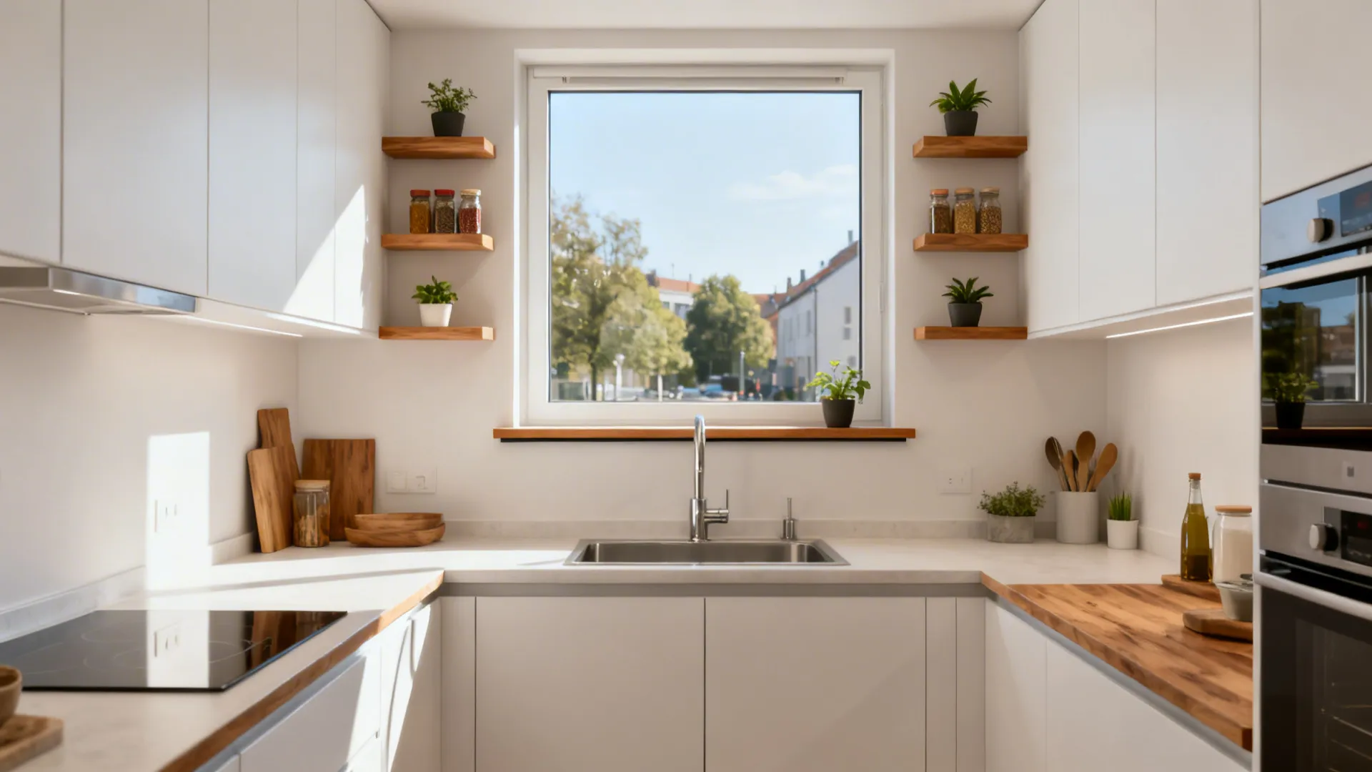 Fixed picture window over a sink with oak micro-shelves for spices and plants.