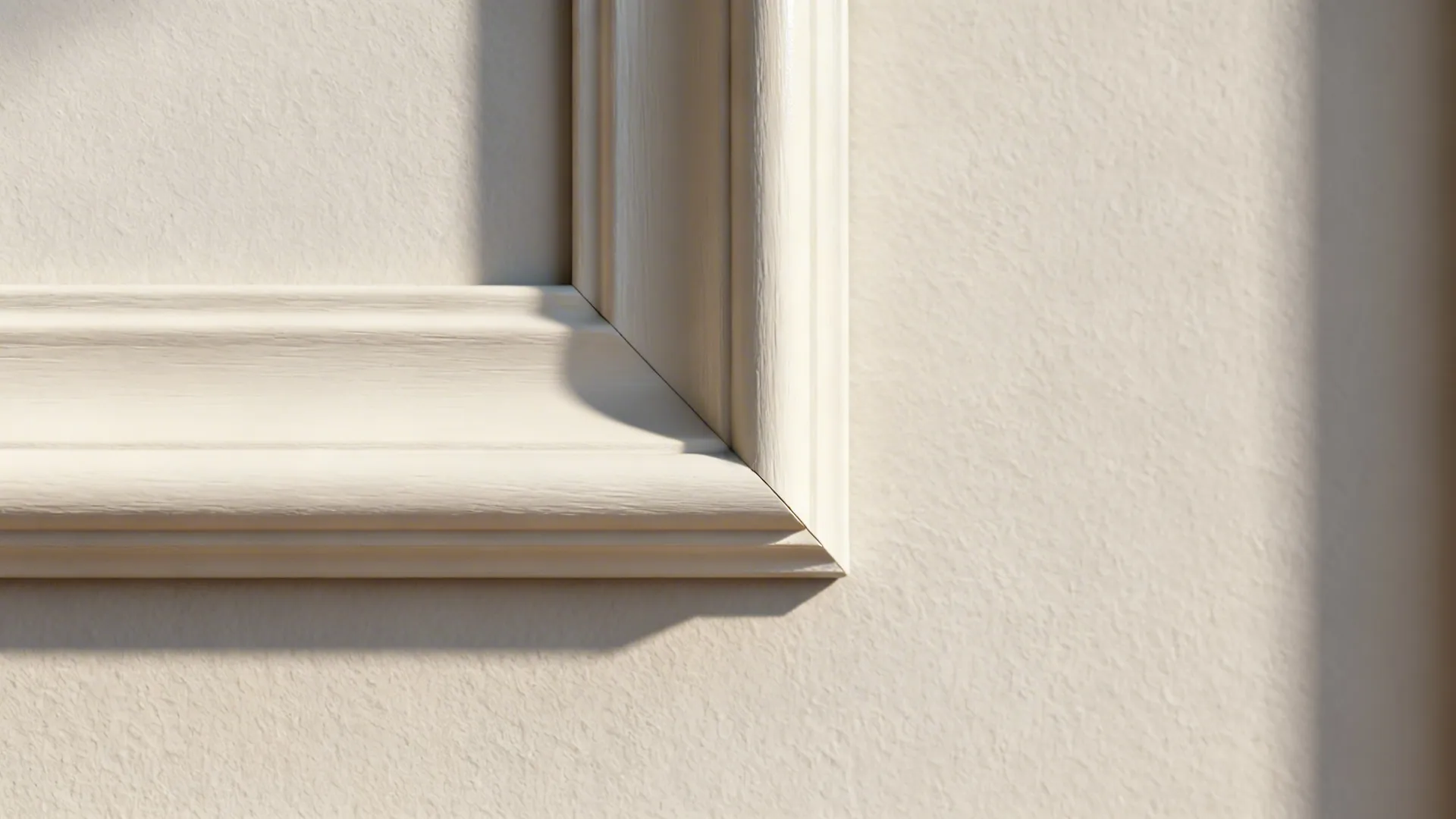 Close-up of crisp picture-frame molding miters and semi-gloss finish on a painted wall.