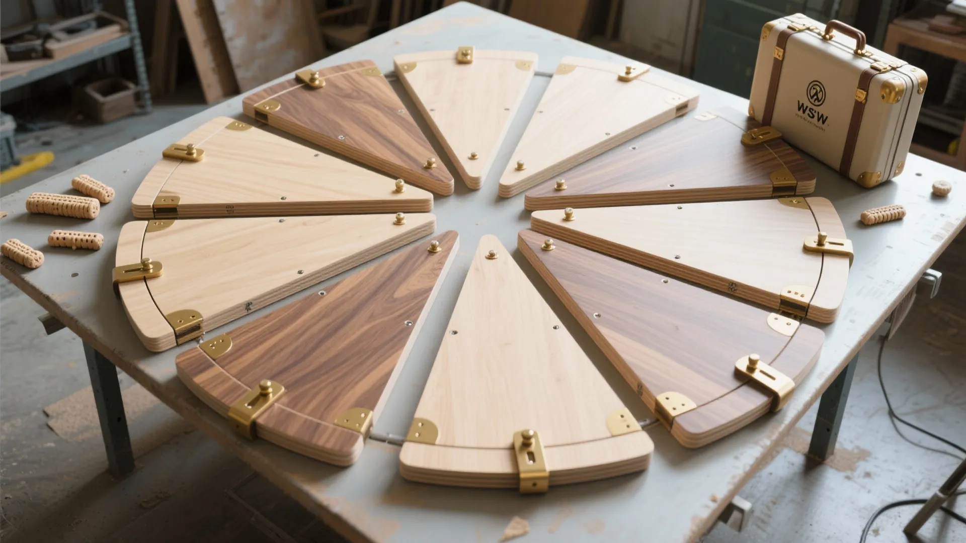 Modular wooden table parts arranged in a circle on a workbench with a small suitcase