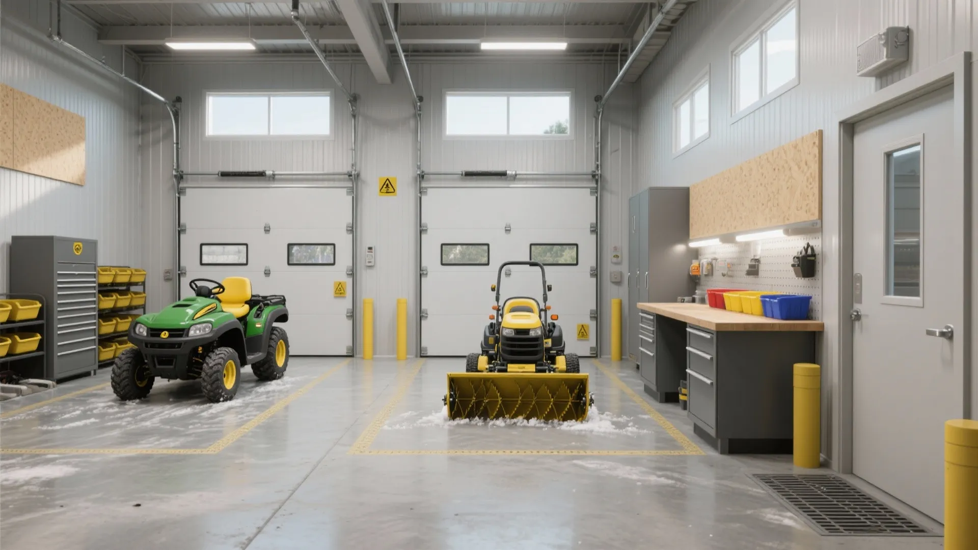 Modern garage interior with two green and yellow tractors white garage doors and organized tool storage