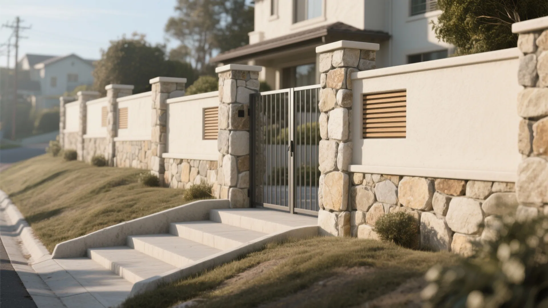Stone and white wall with metal gate and stairs leading to a modern house garden