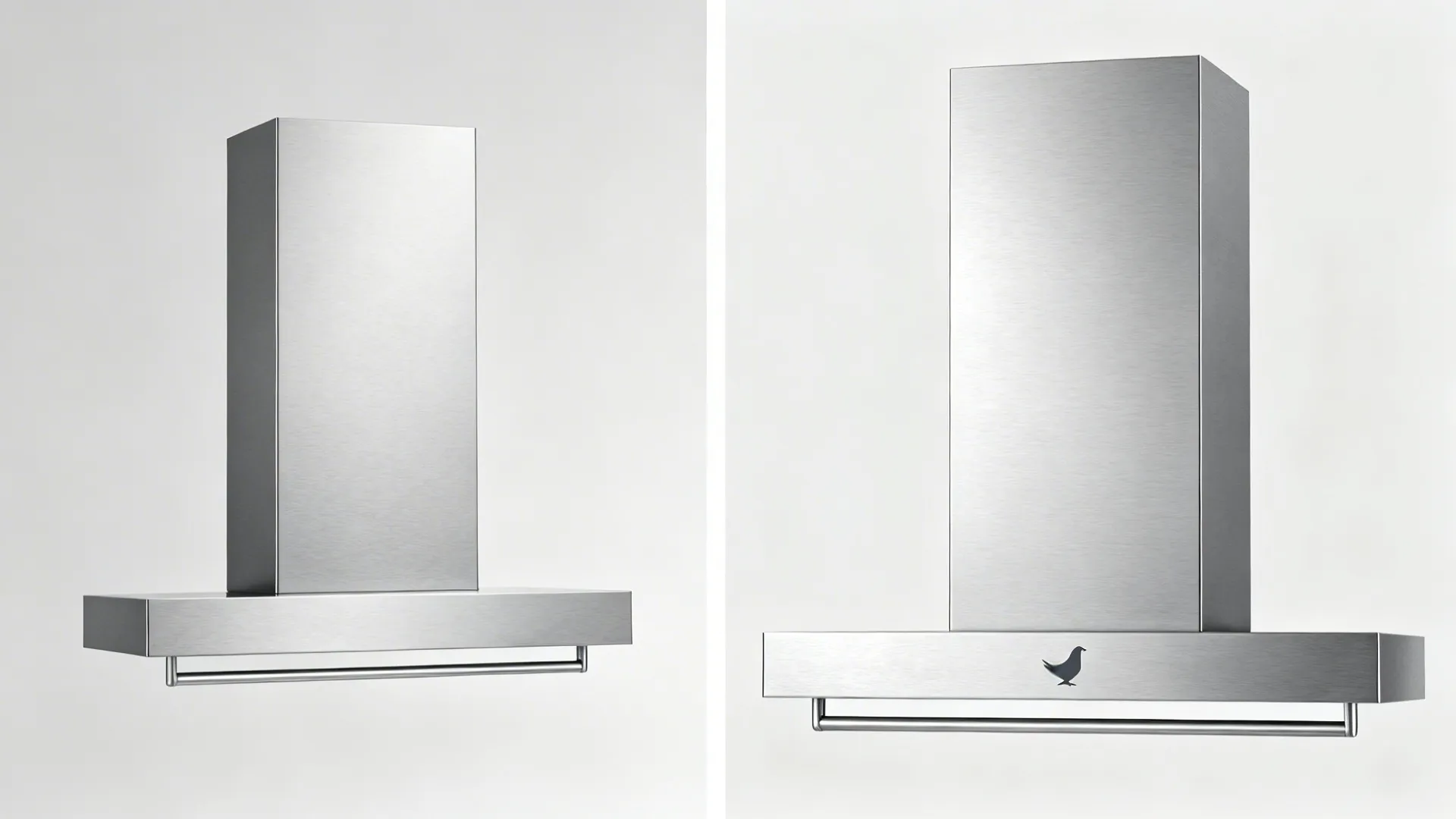 Side by side comparison of a silver kitchen exhaust hood before and after adding logo