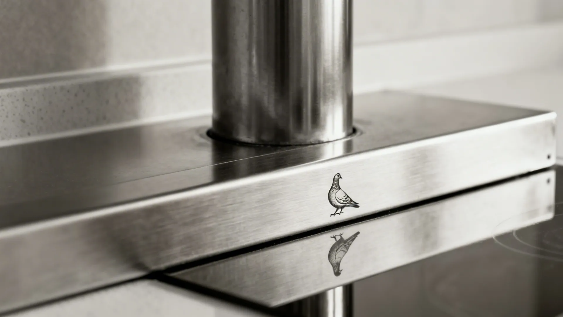 Small pigeon bird logo etched on a polished metal surface showing a clear reflection below