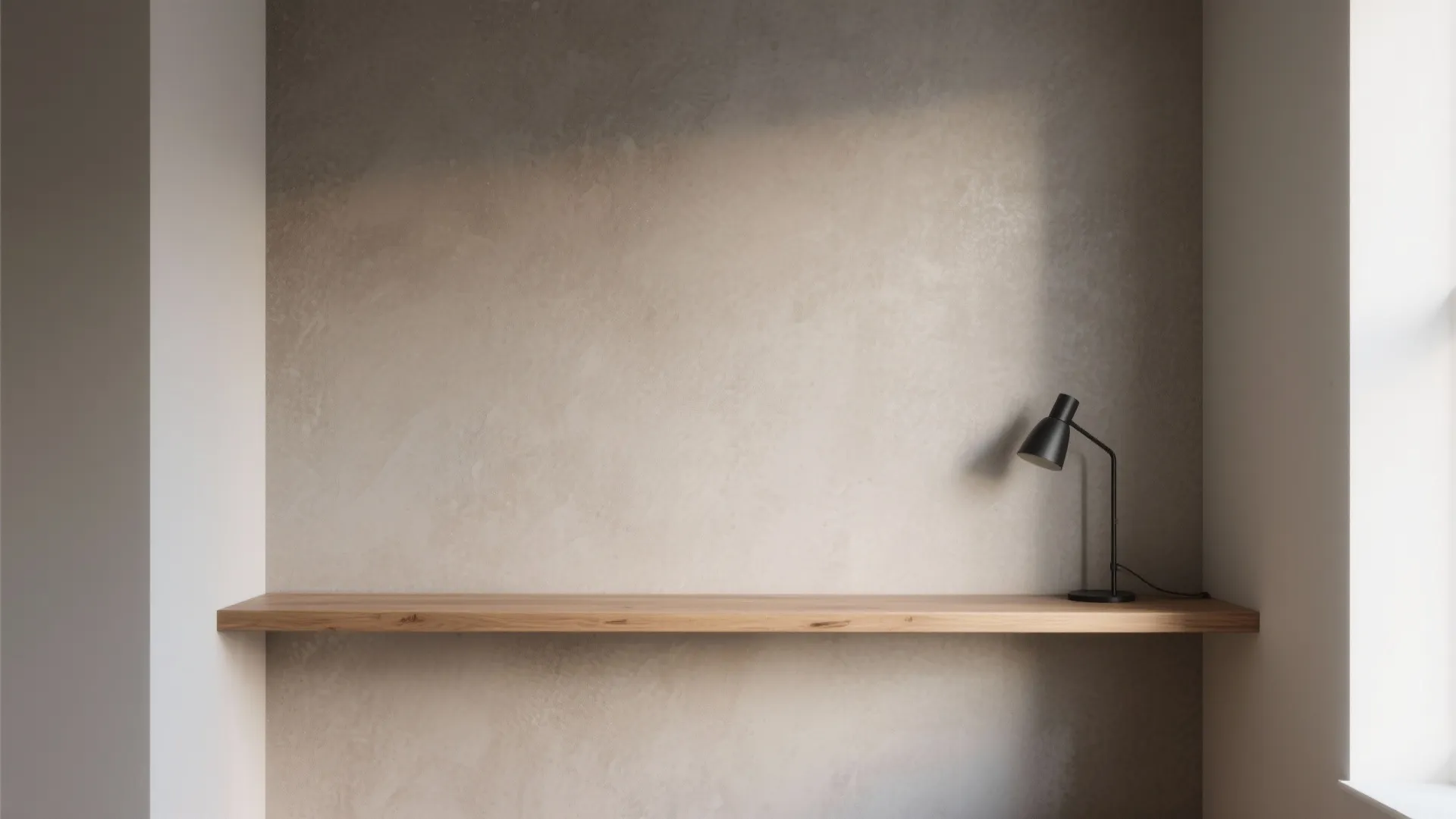 Minimalist wooden wall shelf with small black desk lamp against a neutral textured plaster wall