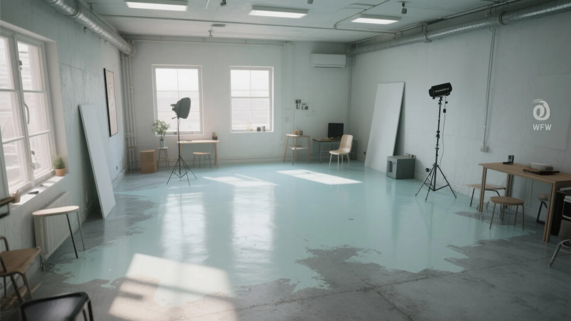 Large empty studio room featuring light blue painted floor, white walls, and professional photography light stands