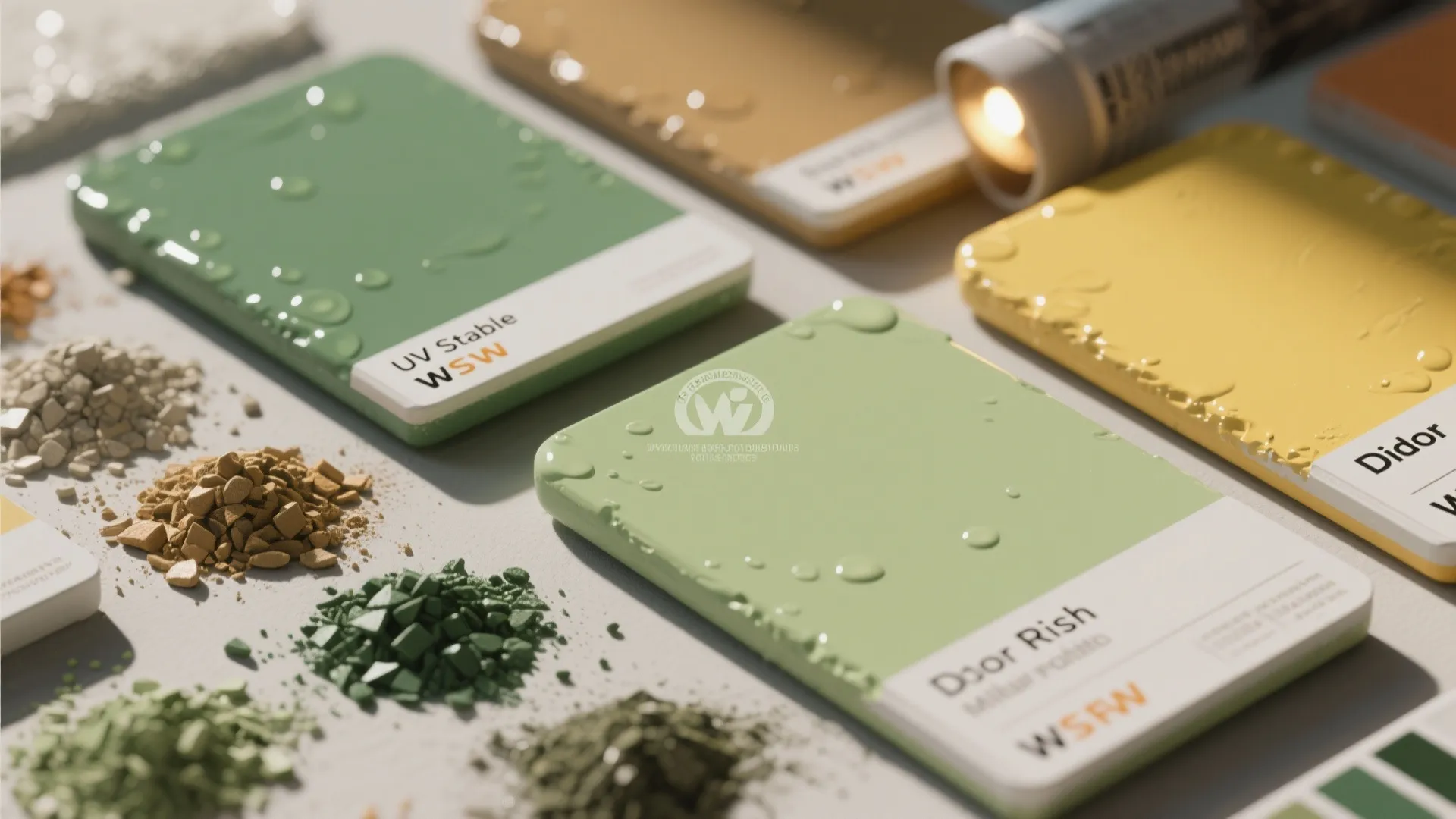 Assorted colorful paint samples and small piles of matching color powder on a light grey desk