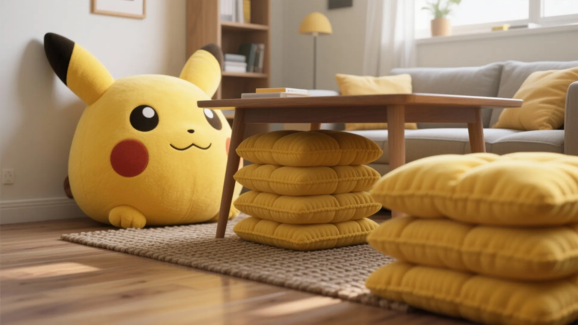 Living room featuring yellow character bean bag chair stacked floor cushions and grey modern sofa