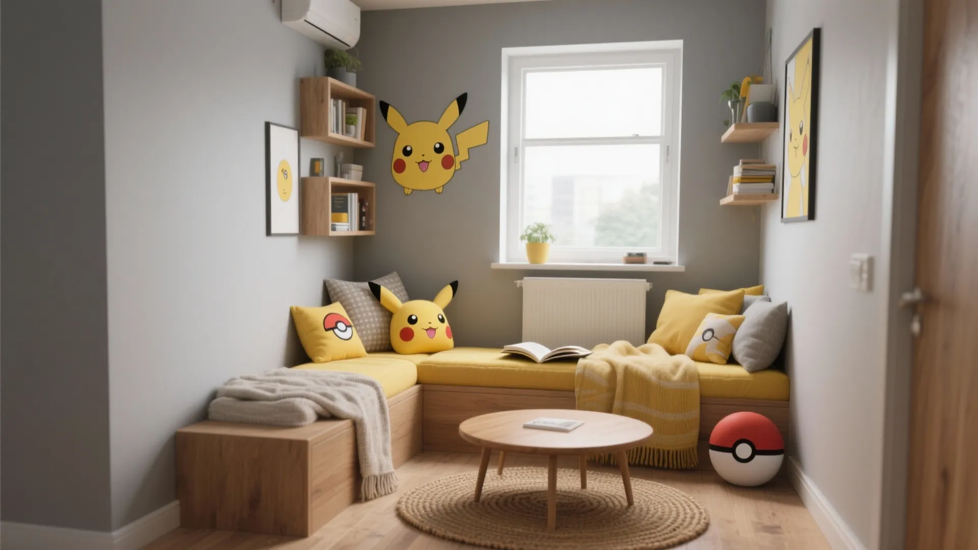 Small yellow reading nook with cartoon character pillows wall art round table and large window