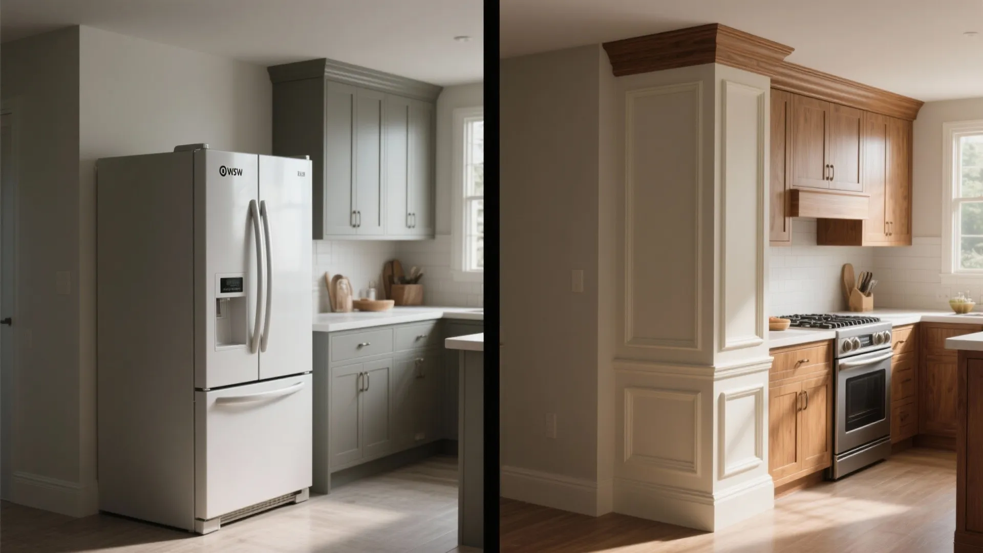 Before and after comparison showing a simple white kitchen versus one with added wood wall panel