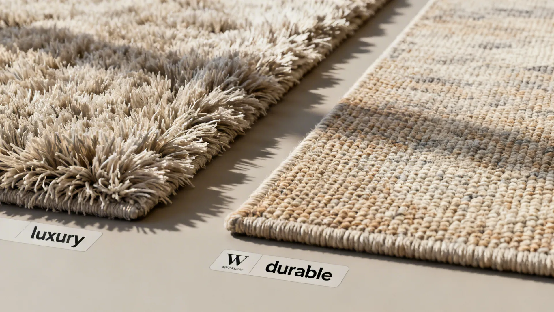 Close-up comparison of high-pile shag and low-pile flatweave rug textures side by side