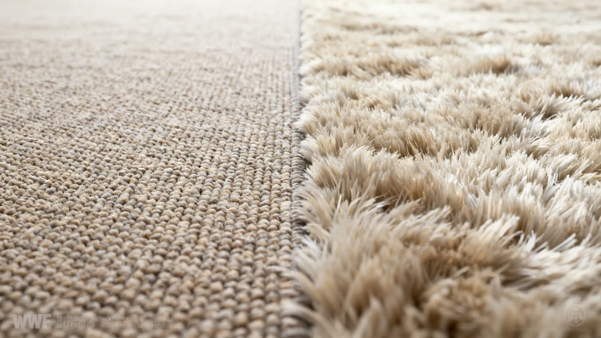 Close up comparison showing low pile carpet texture next to high pile fluffy rug material