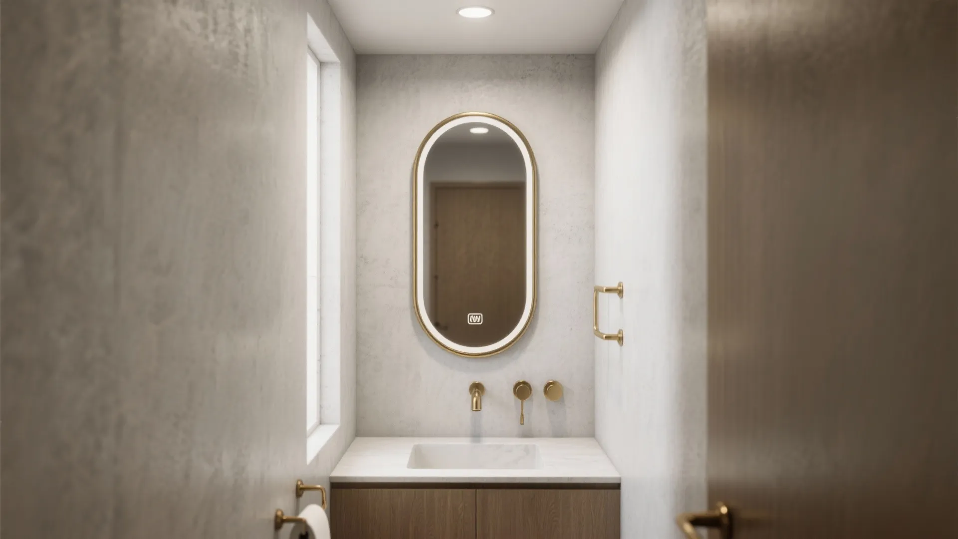 Pill-shaped brass-framed mirror over a narrow vanity enhancing verticality in a small bathroom.