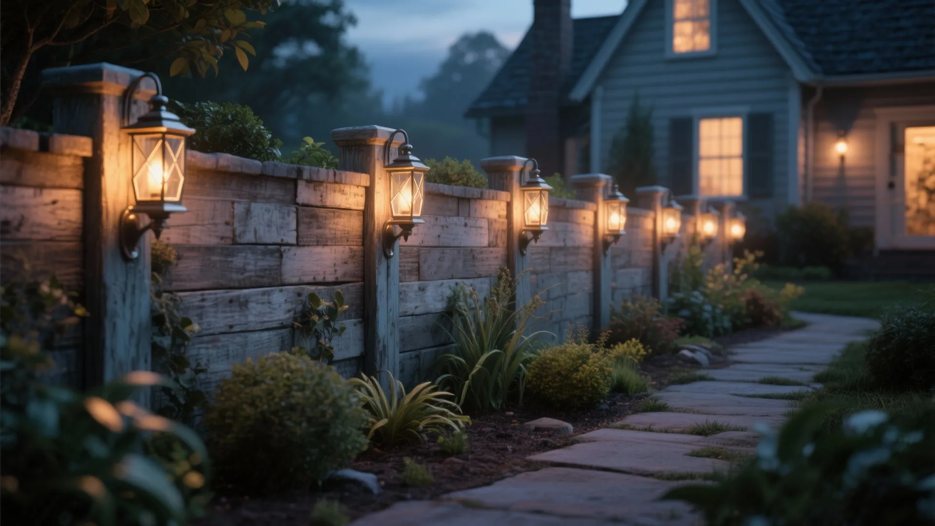 Wooden garden fence with traditional wall lights along a stone path leading to a house