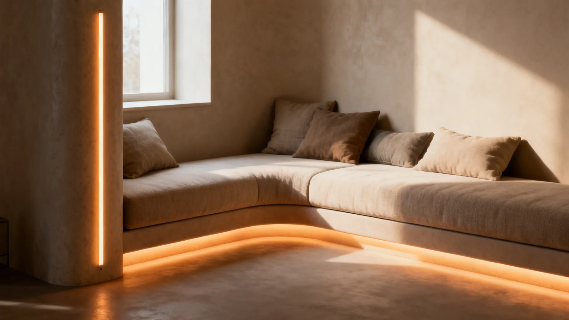 Pillar wrapped by a slim padded bench with integrated vertical warm LED lighting creating a cozy nook.