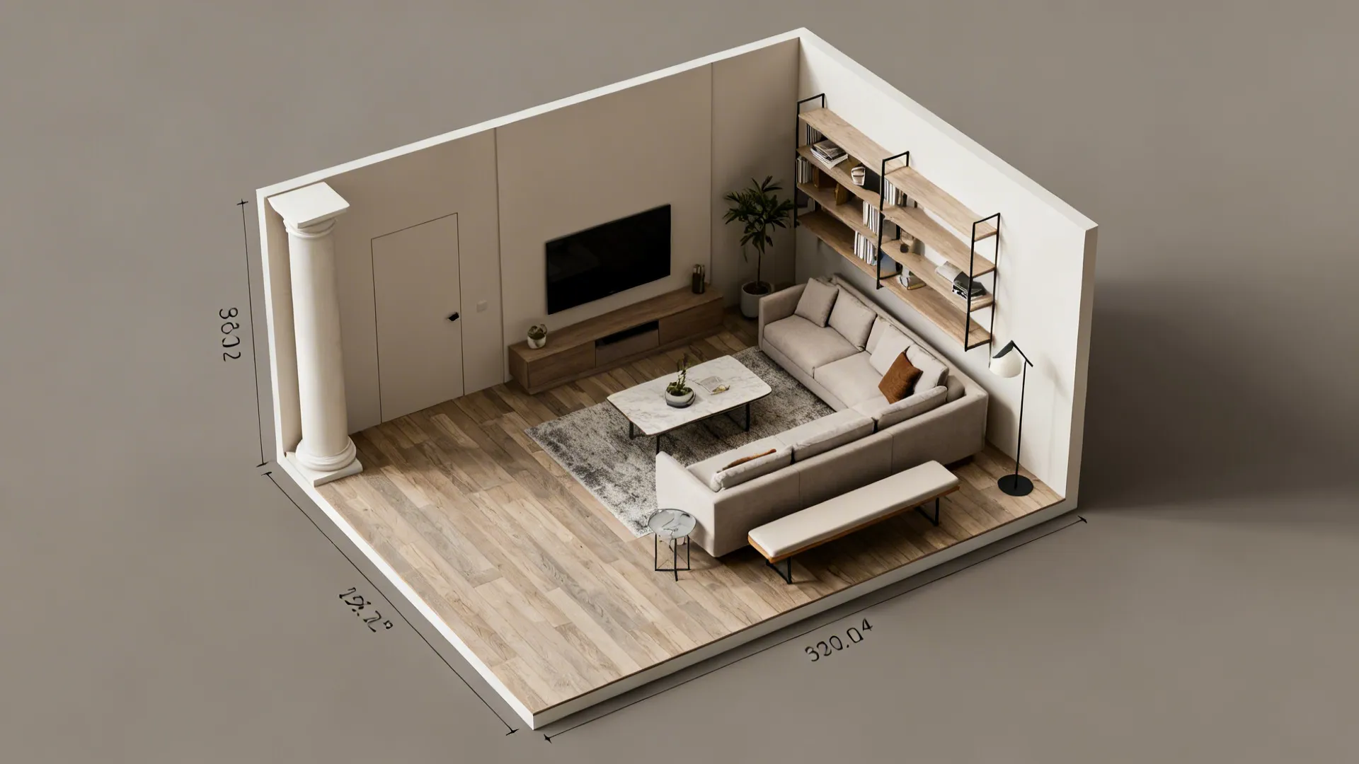 Top-down room mockup showing pillar placement, measurement notes, and possible treatment footprints.