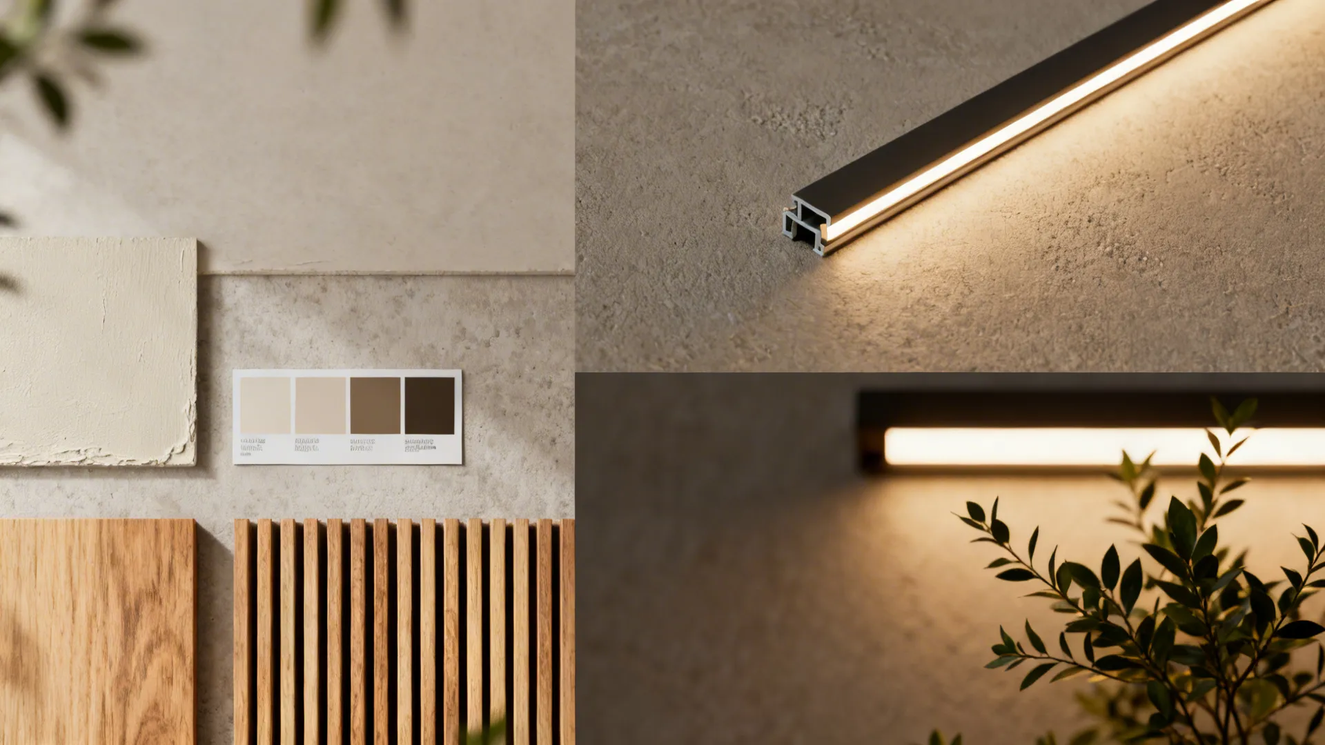 Collage of paint swatches, wood slat samples, LED strip and plant specimens for pillar treatment options.