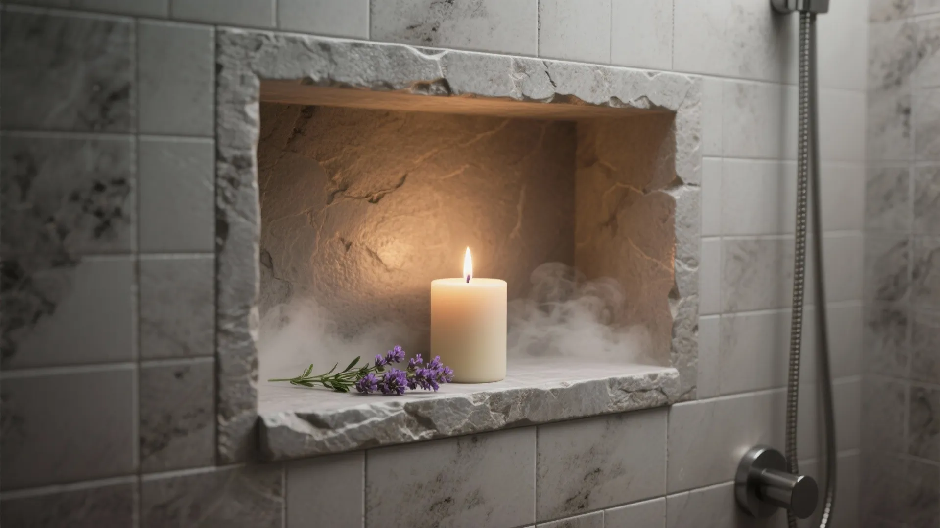 Grey stone bathroom wall niche with a lit candle and lavender flowers on the shelf
