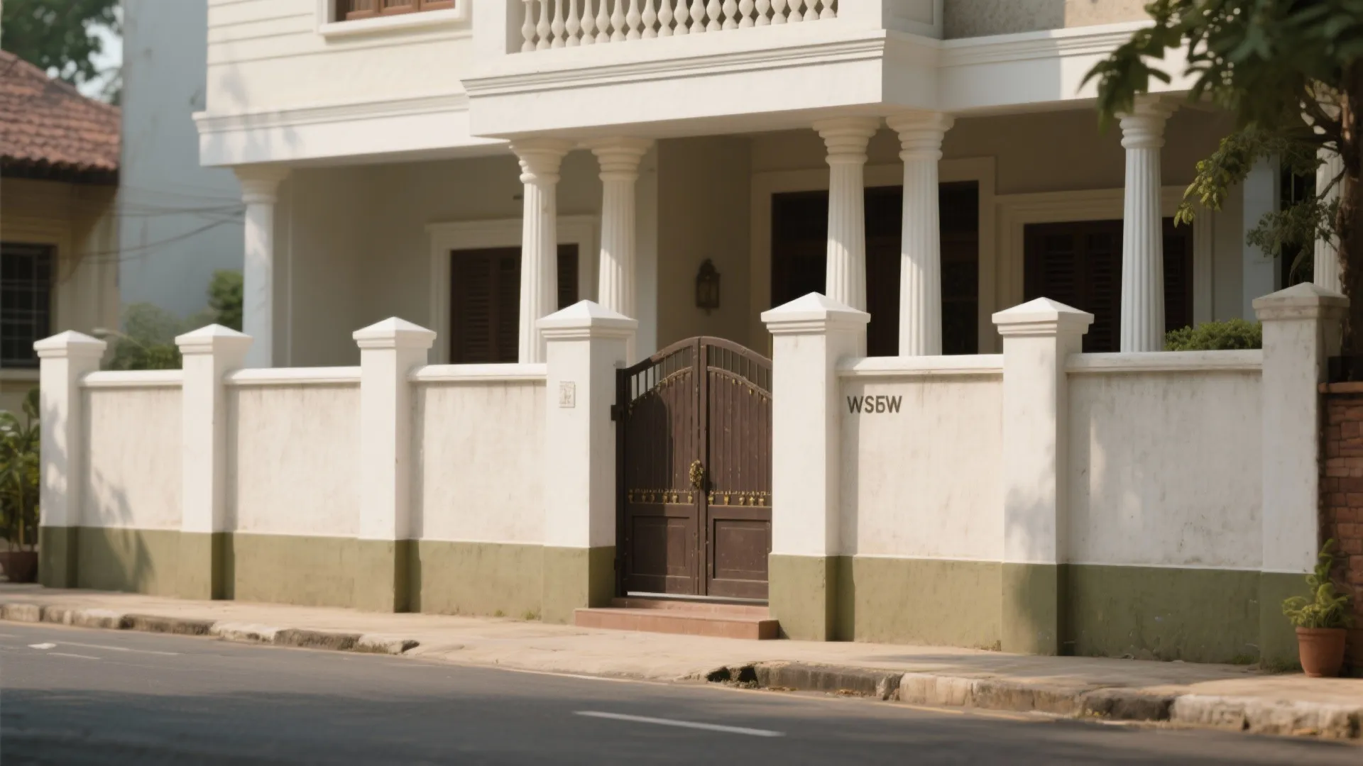 White house exterior with classic columns, brown metal gate, concrete wall, and a clean sidewalk
