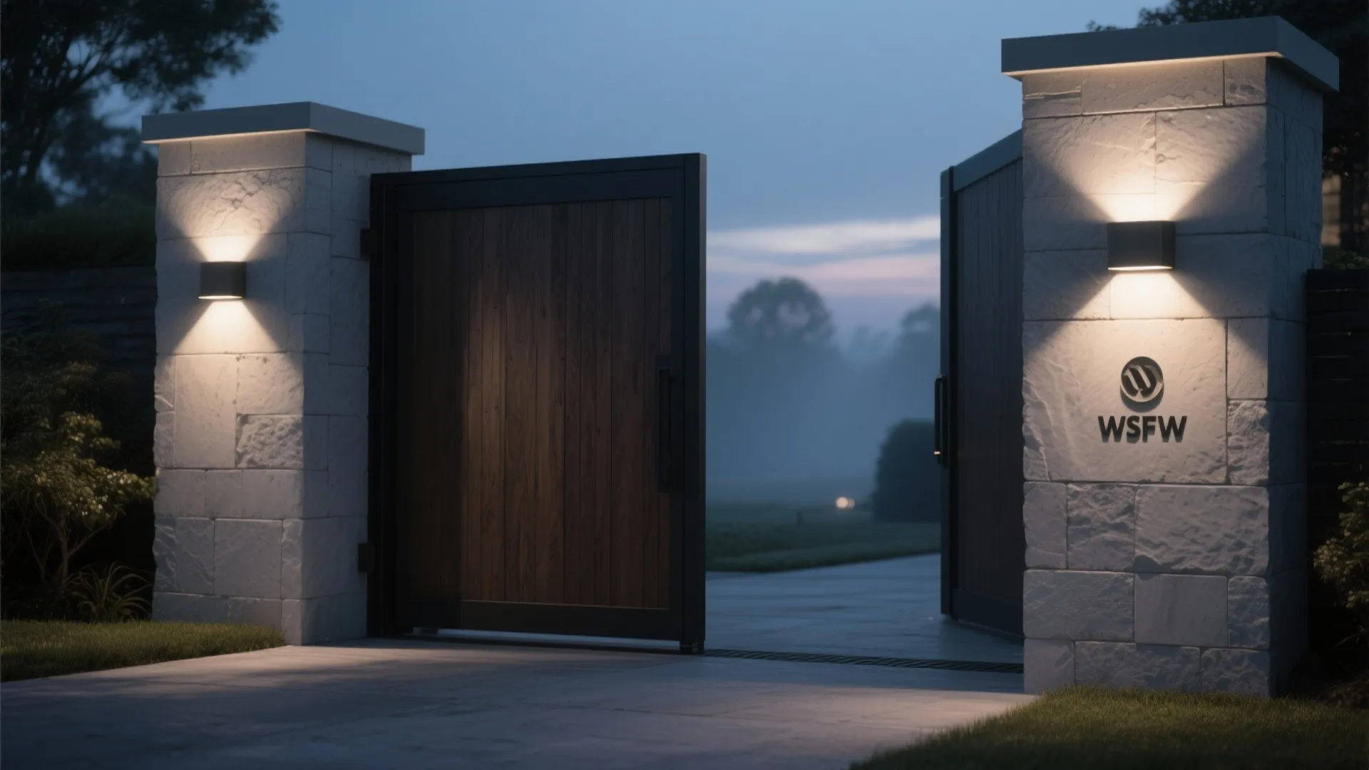Modern stone entrance pillars with wall lights illuminating a dark wood gate and garden path