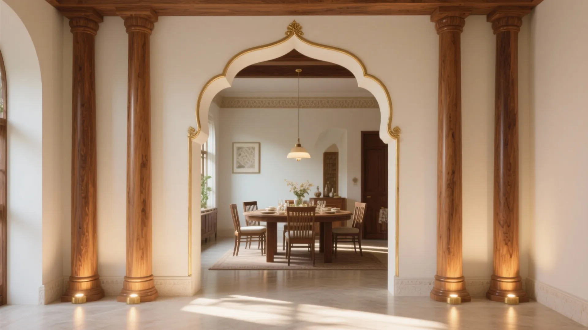 Dining room seen through a white gold arch between four tall wooden pillars floor lights