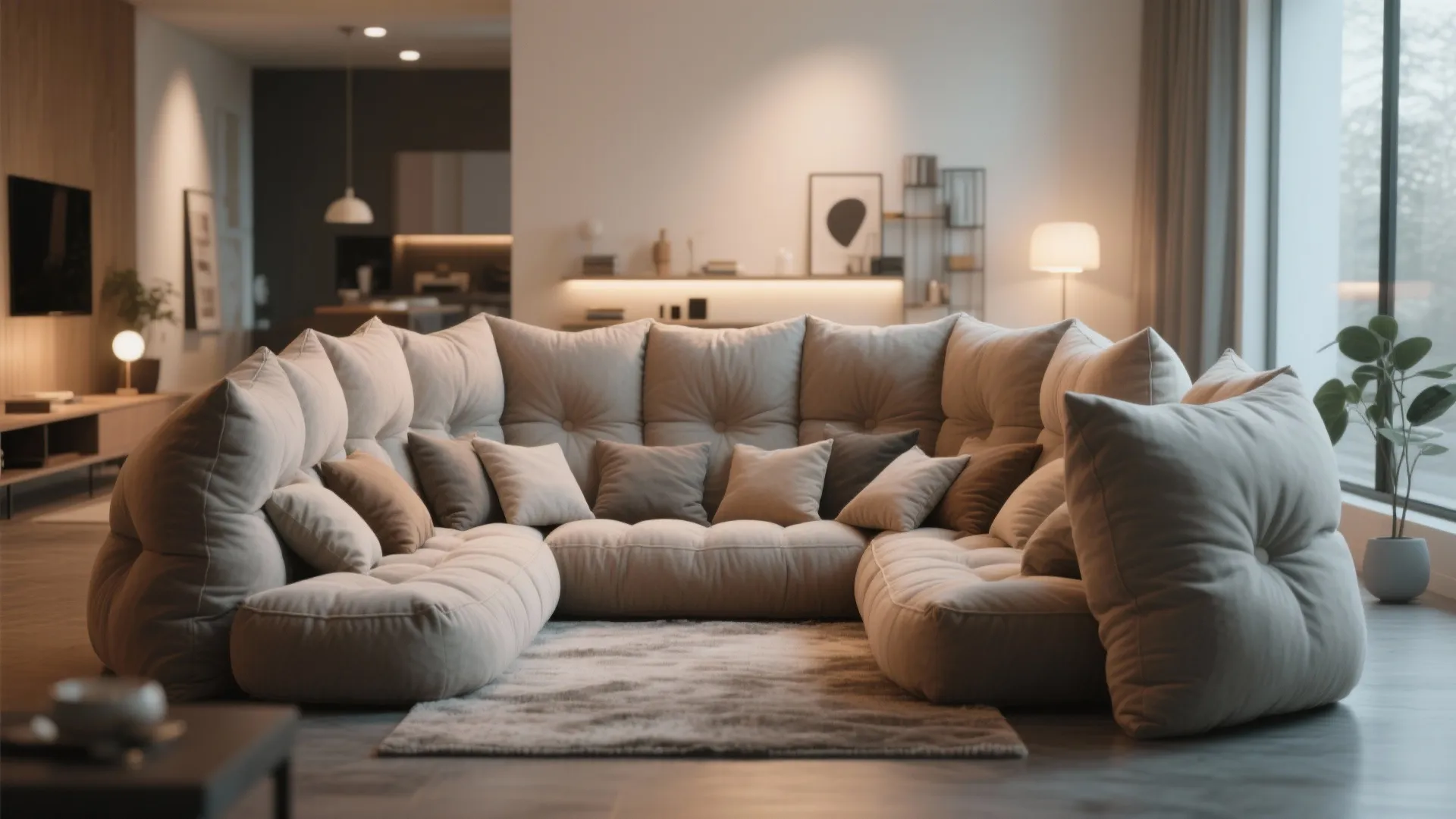 Modern living room with a large beige sectional sofa and soft grey rug and warm lighting