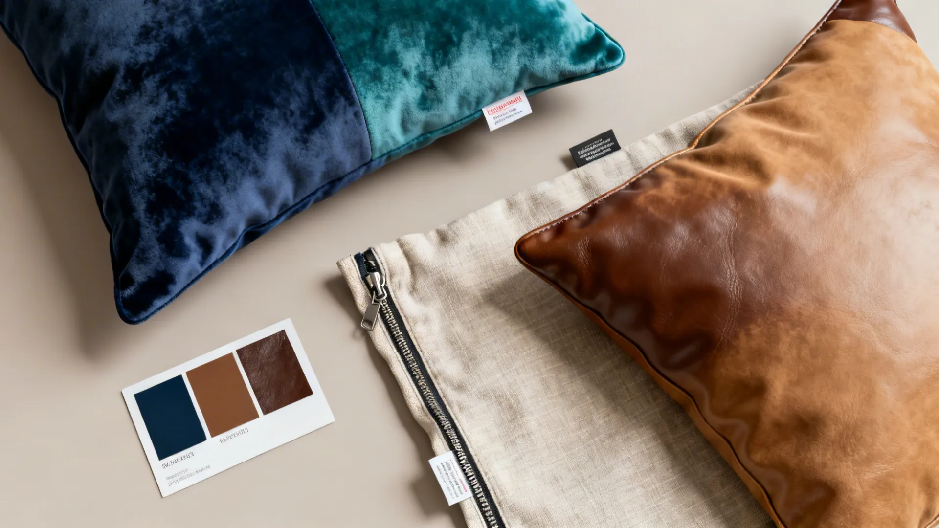 Flatlay of pillow material swatches and color chips for velvet, leather, cotton, and linen.
