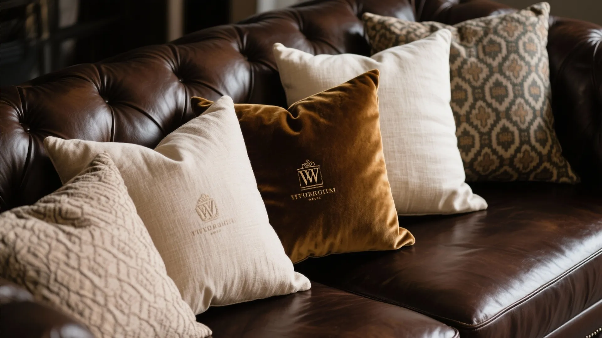 Assorted textured throw pillows on a dark brown sofa