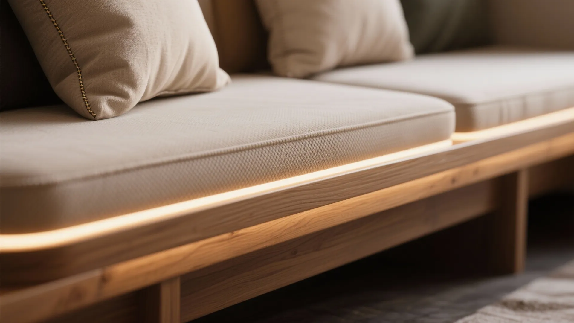Macro of plush pillow rail upholstery with LED strip under a wood bench lip.
