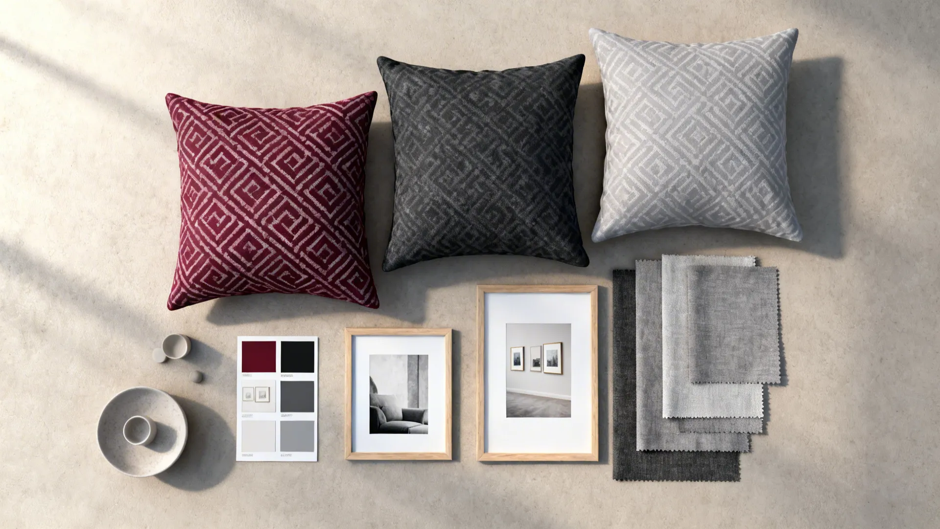 Top-down flatlay of patterned pillows and art swatches blending burgundy, charcoal and gray.