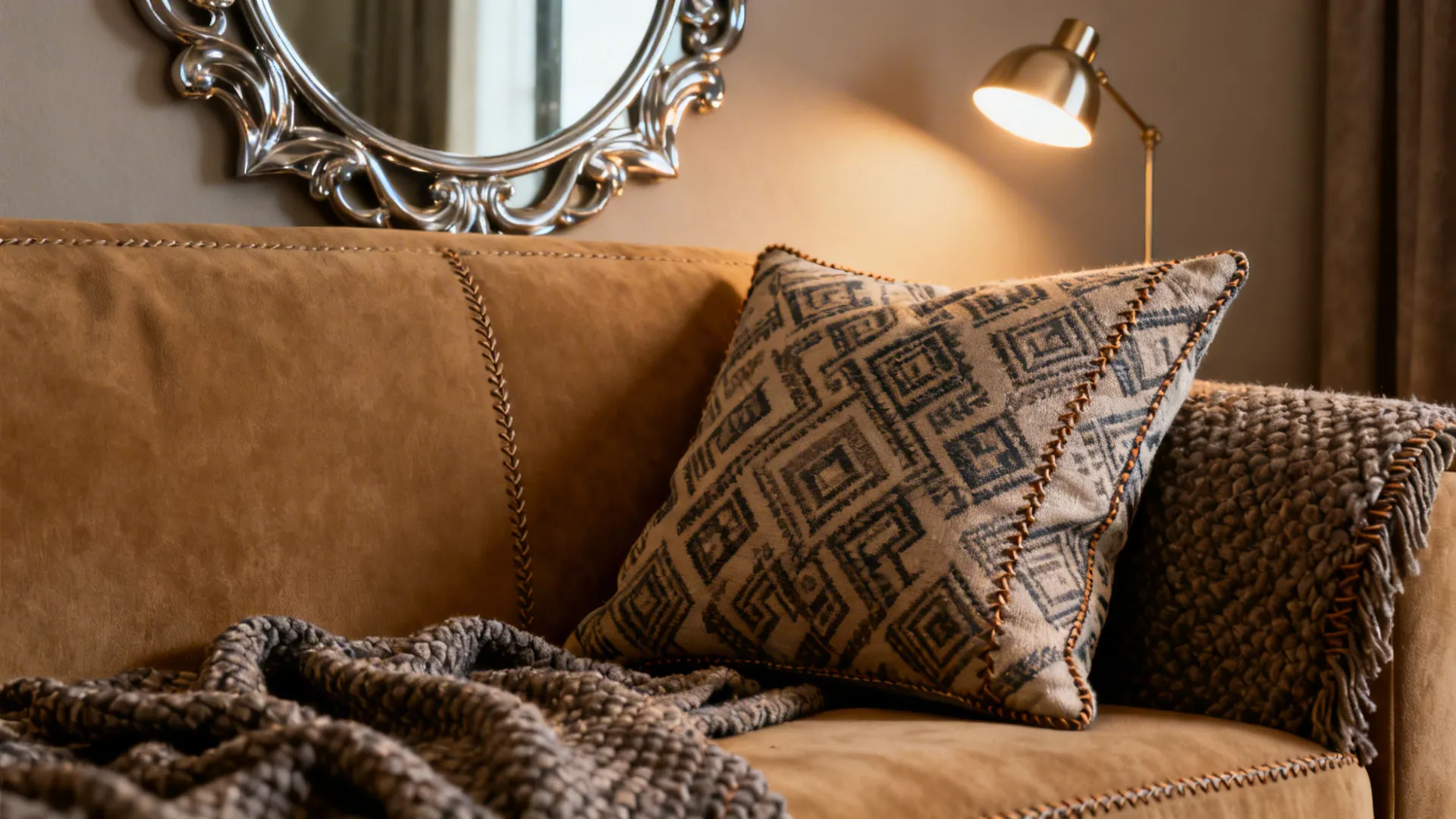 Brown leather sofa featuring a patterned square pillow textured grey blanket and warm gold lamp