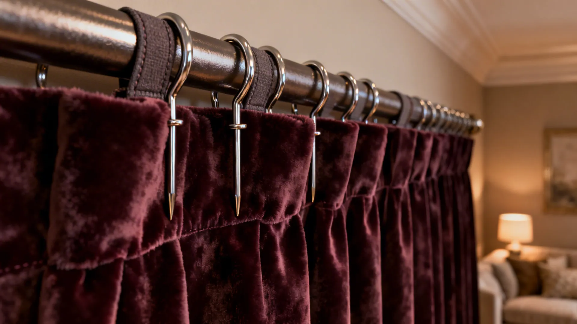 Pin hooks securing heavy velvet drapes and creating neat pleats in a living room.
