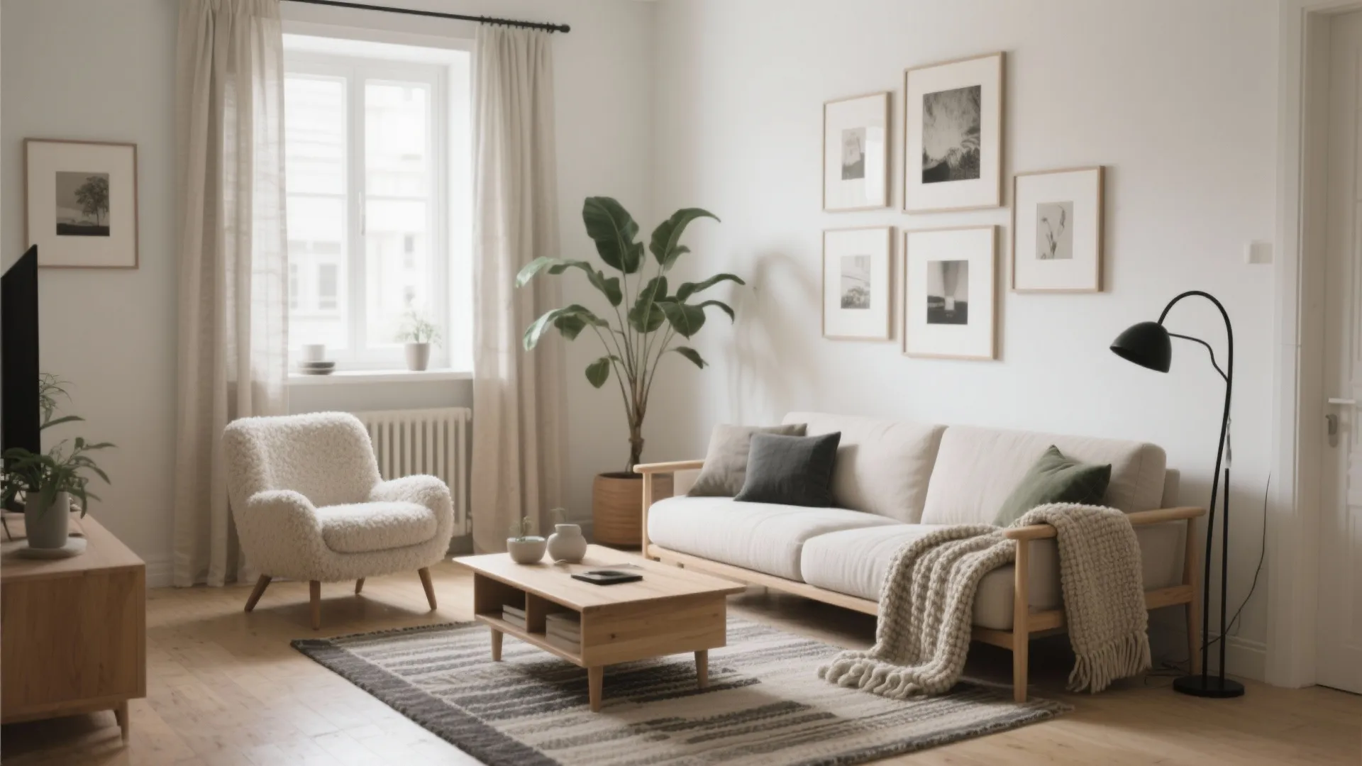 Modern living room featuring cream sofa, wooden coffee table, armchair, wall art, and indoor plant