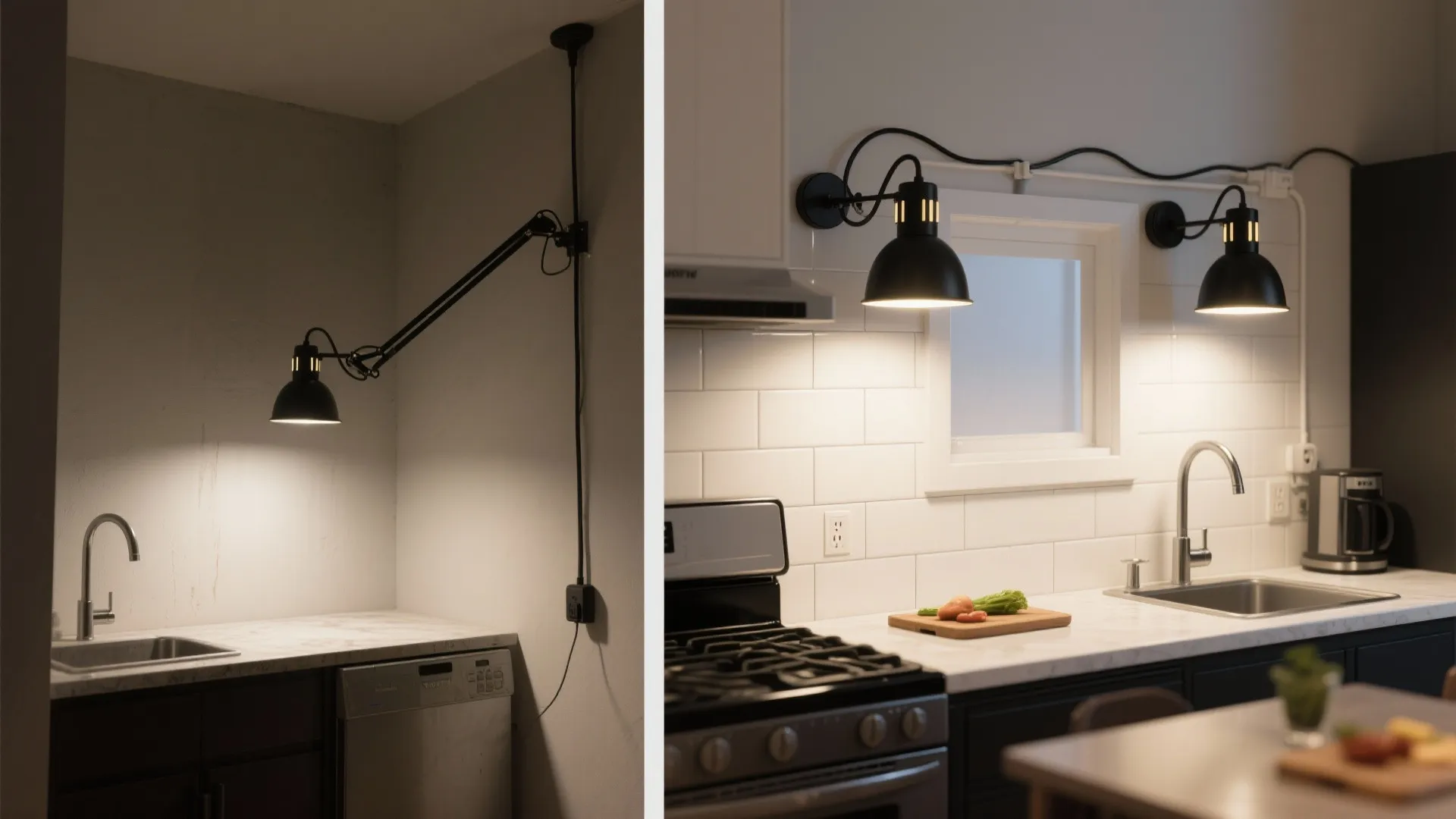 Articulating pin-up lights for rental kitchens