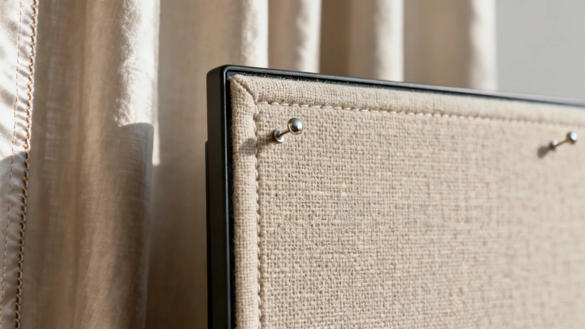 Macro of a fabric pinboard texture and a subtle-sheen curtain in a small office.