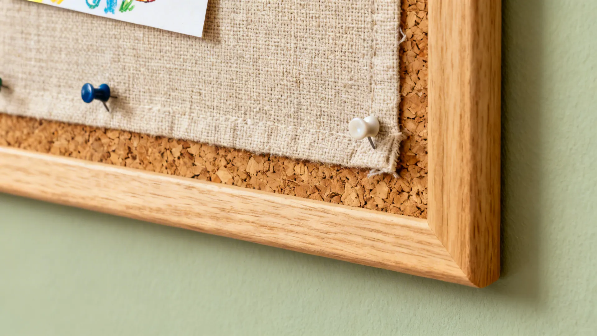 Macro of linen-covered cork pinboard with oak frame and soft task light.