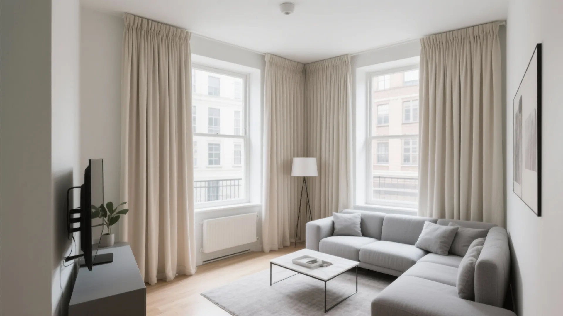 Crisp pinch pleated drapes adding height to a small apartment