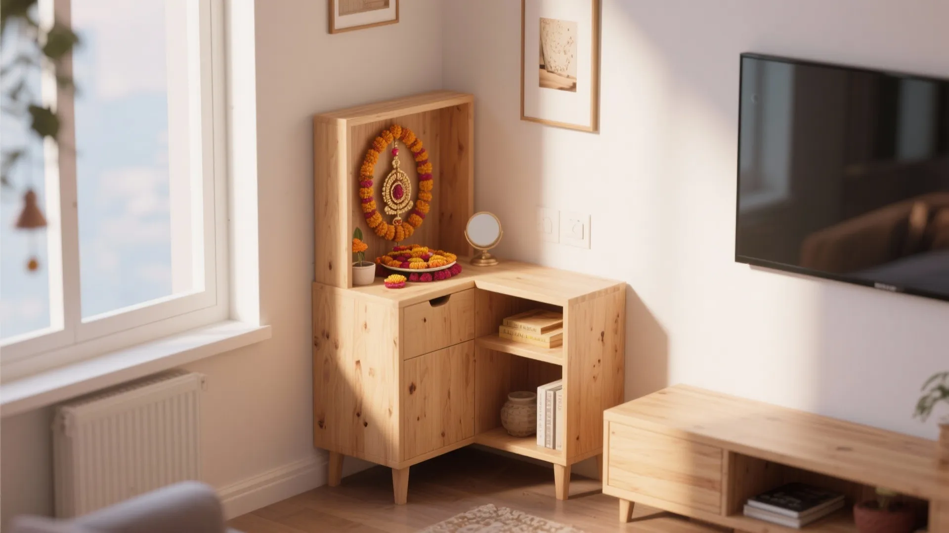 Light wood corner cabinet used as a prayer space with orange flower decorations near window